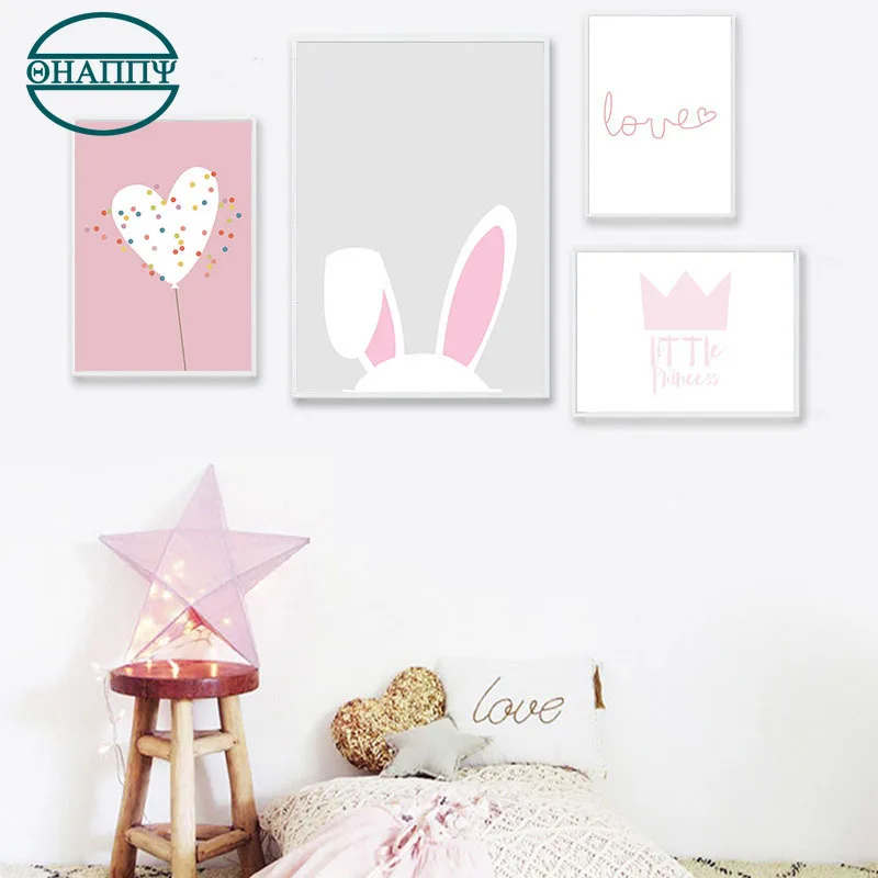 

Pink Rabbit Nursery Poster and Prints Home Cartoon Animal Decor Nordic Baby Room Decoration Pictures Unframed