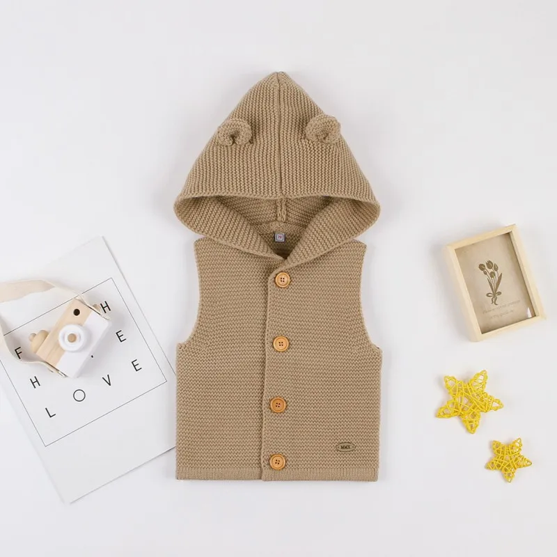 Осенний детский однотонный жилет с капюшоном и принтом для маленьких девочек и мальчиков 0-24 месяцев, свитер, топы без рукавов, пальто, верхняя одежда