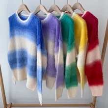 Delikatne kolory sweter damski 2021 wiosna Gradient nowy kolor tęczy moherowy pulower sweter tanie tanio tromlfz Patchwork REGULAR Wełniana POLIAMID Z okrągłym kołnierzykiem CN (pochodzenie) Na wiosnę jesień NONE Pełne