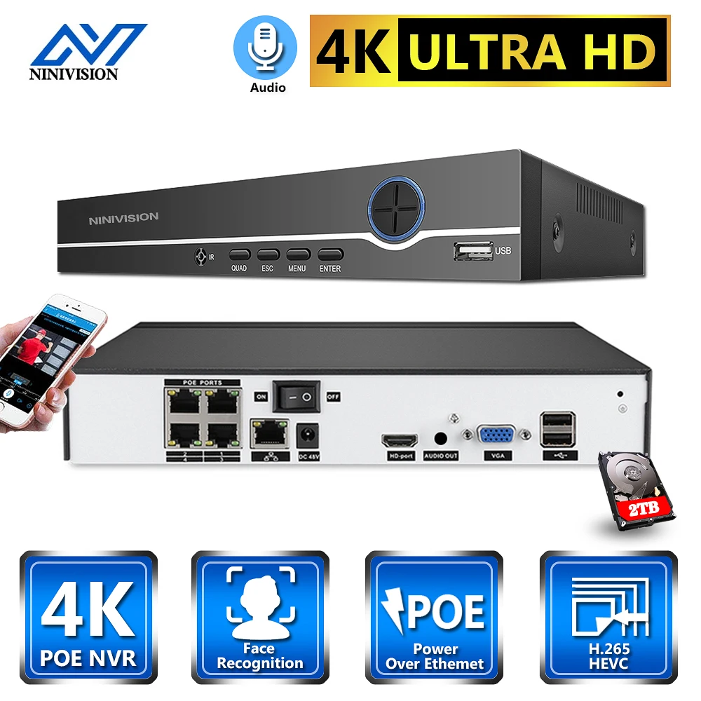 NINIVISION H.265 4K POE NVR Security IP Camera video Surveillance CCTV System 4MP 5MP 8MP Network Video Recorder 4CH |