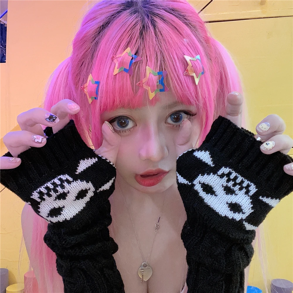 Punk EMO Style Streetwear Women Wrist Arm Warmer Knitted Long Fingerless Gloves Black Mitten Halloween Cross Gloves Dark Moon mens leather gloves