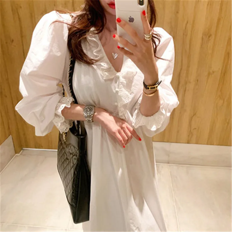 

RUGOD Korean Style Autumn Dress for Ladies Solid V Neck Puff Sleeve Women's Clothing Loose Chic Female dresses 2020