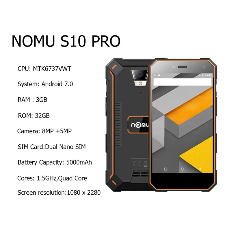 IP68 NOMU S10 PRO 4G смартфон 5,0 ''Android 7,0 MTK6737VWT четырехъядерный 1,5 ГГц 3 ГБ 32 ГБ 8,0 МП задняя 5000 мАч водонепроницаемые мобильные телефоны