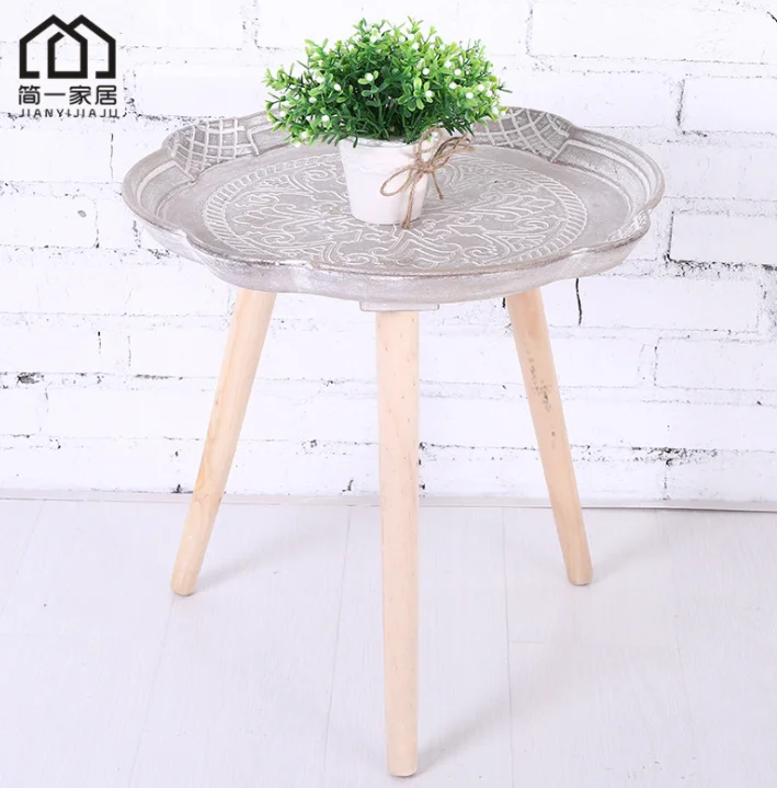 Nordic round solid wood coffee table retro sofa small coffee table side table creative home small table flower pot stand