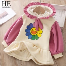 HE Hello Enjoy/зимние платья для девочек, вельветовое платье с длинными рукавами и капюшоном с оборками, теплое детское платье принцессы с подсолнухом