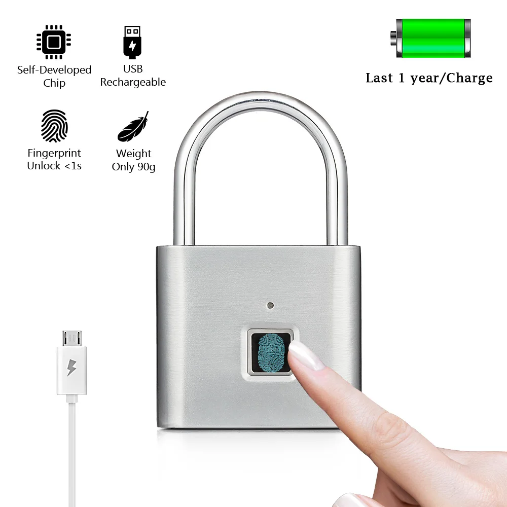 

Yiye smart USB Rechargeable Door Lock Fingerprint Smart Padlock Quick Unlock Zinc alloy Metal Self Developing Chip