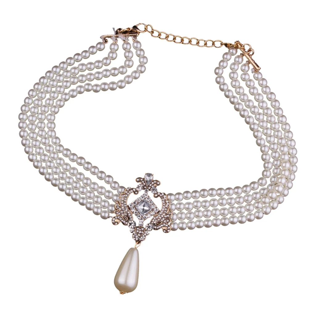 Multi Strand 4 Layer Glitter Rhinestone Crystal Simulated Pearls Bib Choker Statement Necklace Women Party Prom Wedding Jewelry