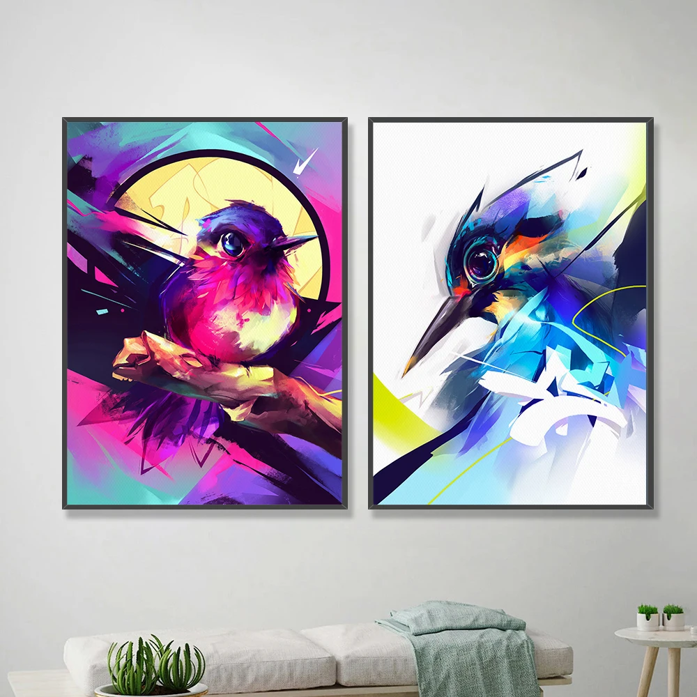 Цветной абстрактный синий и фиолетовый Колибри с животными настенный