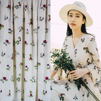 

Spring And Summer Fresh Milky White Bottom Red Fragmented Chiffon Printed Fabric Shirts And Dresses Clothes Clothing DIY Fabric