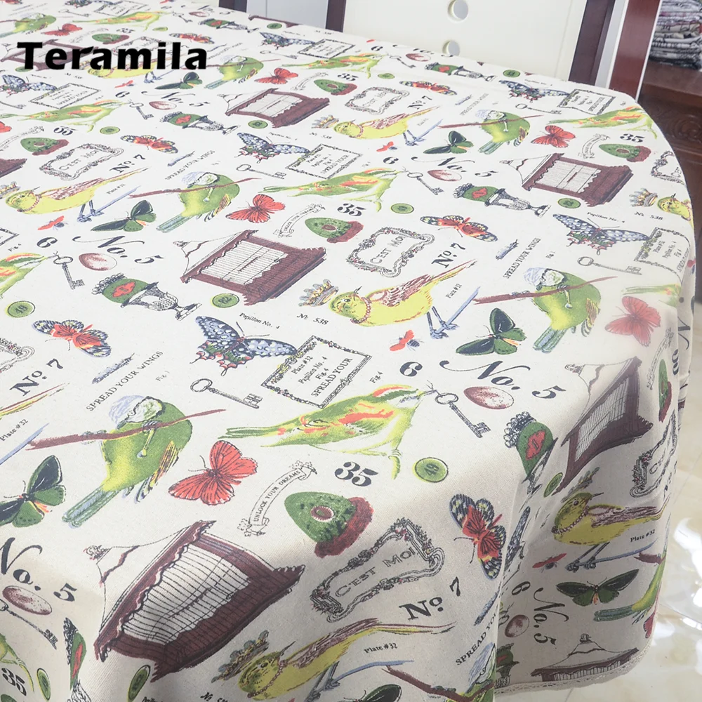 Teramila Dining Rectangular Tablecloth Thick Linen Table Cloth Cover Bird Butterfly Design With Lace For Party Kitchen Wedding