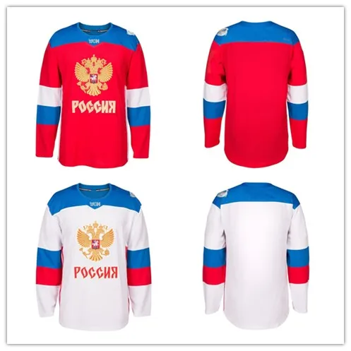 

Team Russian red white MEN'S Hockey Jersey Embroidery Stitched Customize any number and name