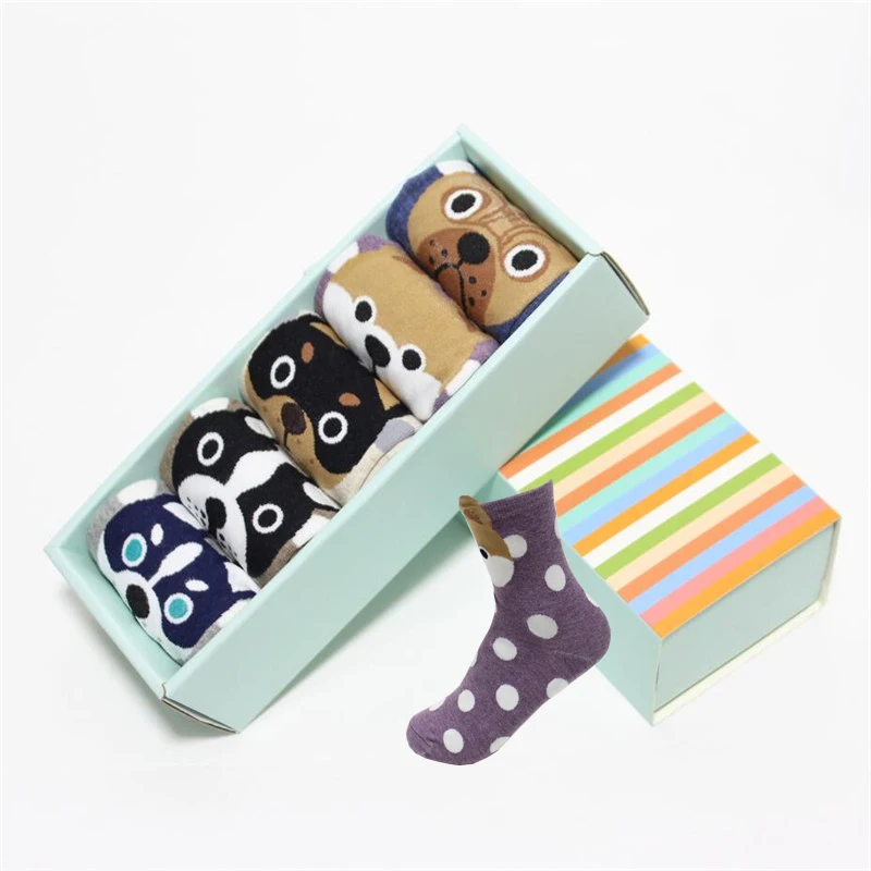 Новое поступление, женские носки с героями мультфильмов, Подарочная коробка, 5 пар/лот, Осень-зима, цветные носки с животными, женские и женские носки хлопковые с забавным рисунком