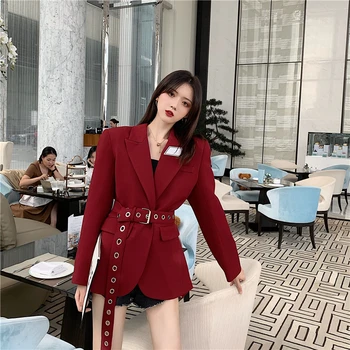 

Office Ladies Elegant Slim Women blazers Female 2019 Fashion Pockets Belt Coat Ladies Blazer Outerwear Casual Casaco Femme S0106