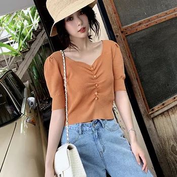 

Female Crop Top Women Short Sleeve Knitted T Shirt Fashion V Neck Striped Slim T-Shirt
