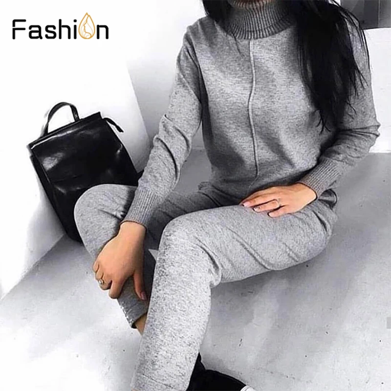 Women's Sweater Two Piece Suits and Sets Turtleneck Long Sleeve Knitted Sweaters+Pockets Long Trousers 2PCS Sets Winter Costume
