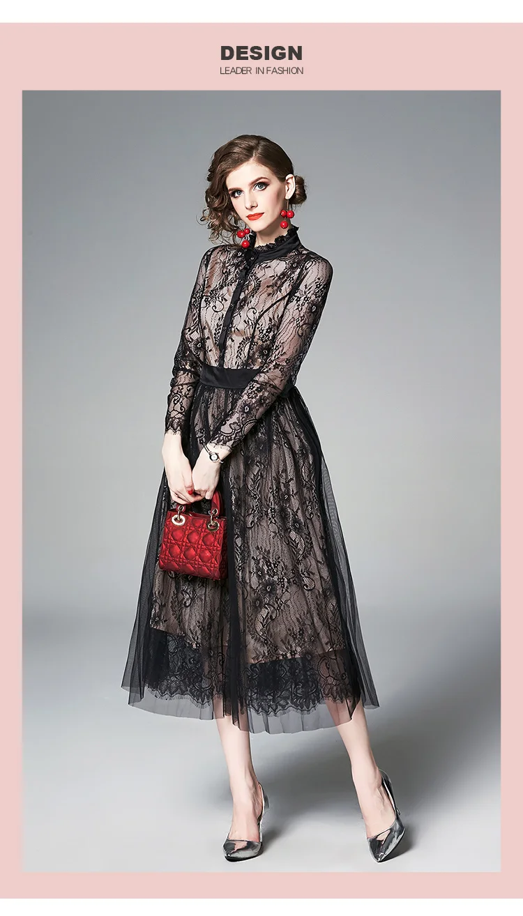 DROWYD модные кружевные плиссированные Boho вечерние платья-миди женские зимние винтажные платья с длинными рукавами Повседневные Элегантные Клубные платья