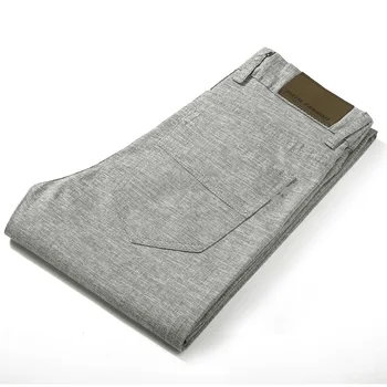 

Brand Pants Men Casual Zipper Fly Long Trousers Male Cotton Linen Straight Gray Work Pant Men's 2020 Summer Large Size 28-38