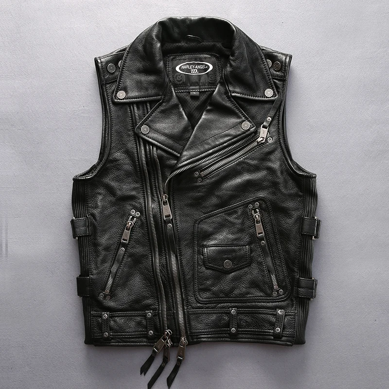 

Free Shipping Men New Style Cowhide Vest Top Quality Motorcycle Rider Genuine Leather Vest Double Zipper Sleeveless Coat
