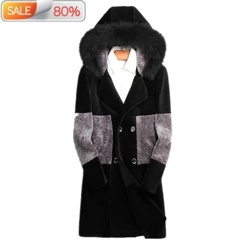

100% Wool Coat Winter Jacket Men Real Sheep Shearling Coats Mens Fox Fur Collar Long Jackets Chaqueta Hombre ND1419
