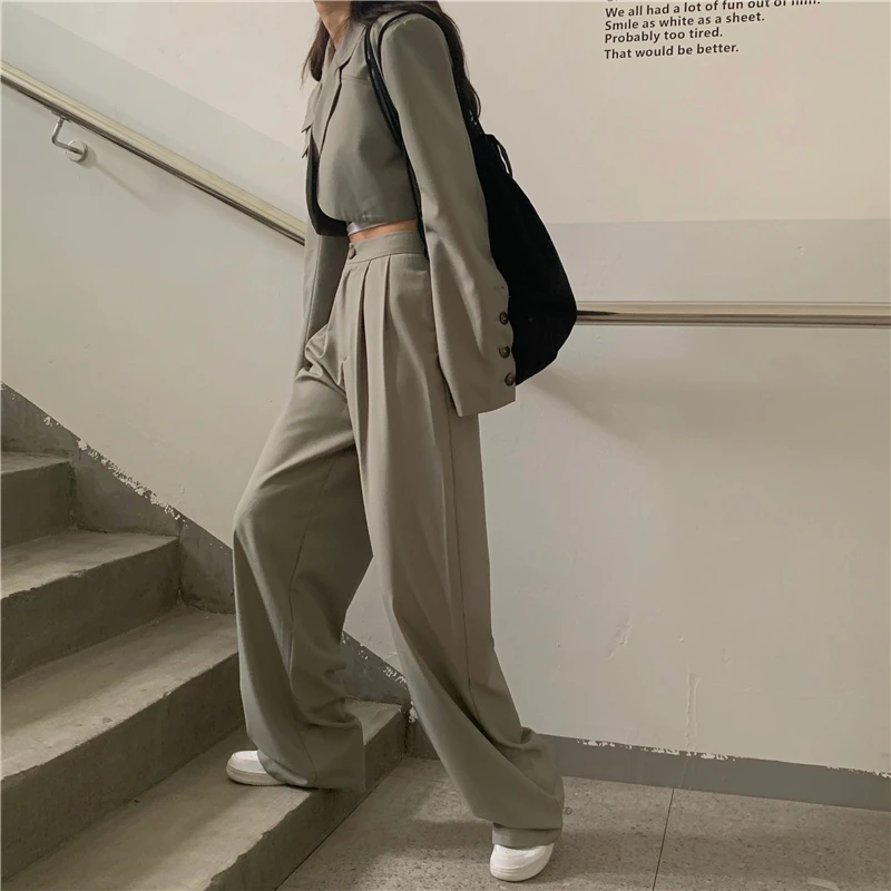 Design sense of navel long-sleeved small suit jacket, high waist drape, straight-leg casual mopping pants two-piece suit