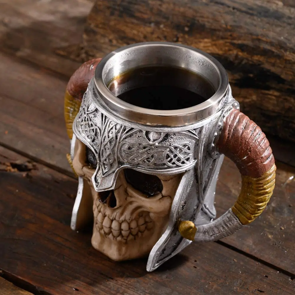 Medieval Ram Skull Beer Stein Tankard Coffee Cup Mug 500ML OTARTU Viking Warrior Skull Mug with Stainless Steel Liner 