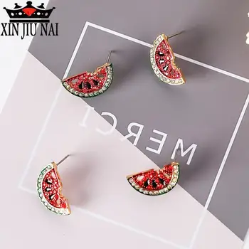 

S925 Silver Colored Diamonds Watermelon Left And Right Asymmetric Mini Fruit Cute College Wind Ear Jewelry Earrings For Women
