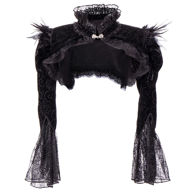 Black Gothic Punk Cropped Jacket Long Sleeve Feathers Lace Cardigan