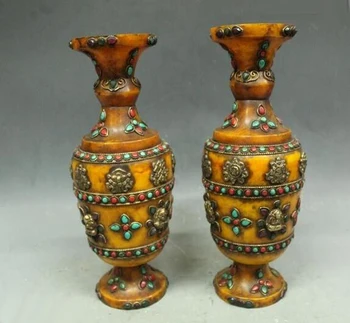 

12"Tibet Costful Excellent Folk Mi La Silver inlay turquoise coral Vase Pair