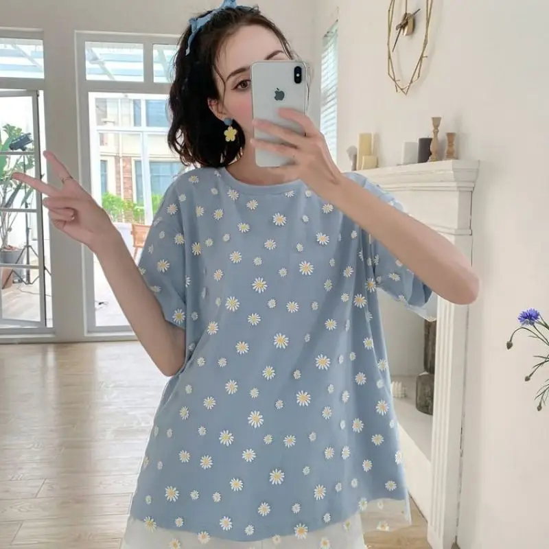 Korean Fashion Sweet Mesh Daisy T-shirt for Women Ins Loose Girl Student Joker Tops 2020 Summer Short Sleeve Streetwear Clothing