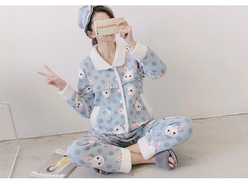 Comfortable winter new pregnant mother month clothes cotton card love printed bunny breastfeeding clothes quilted pajamas