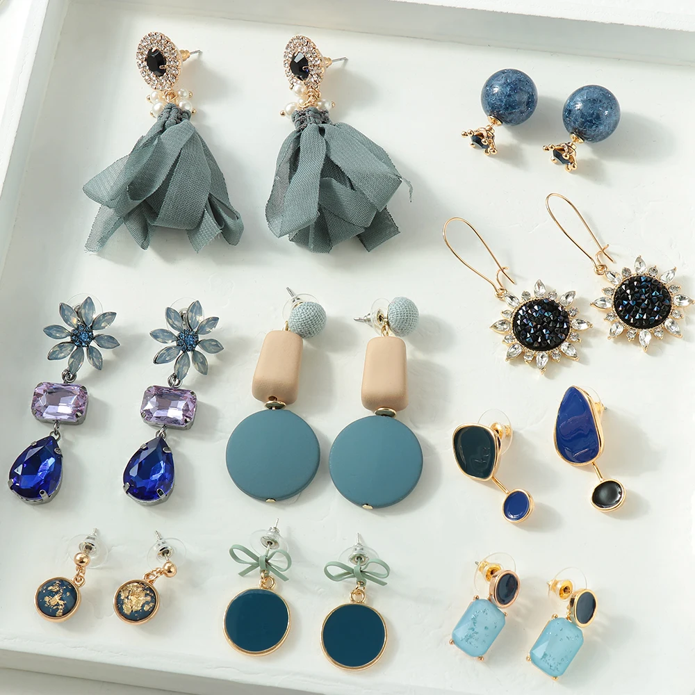 

Korean Style Acrylic Earrings Blue Ear Studs Square/Flower Hollow Circle Irregular Geometric Dangle Drop Women Party Jewelry