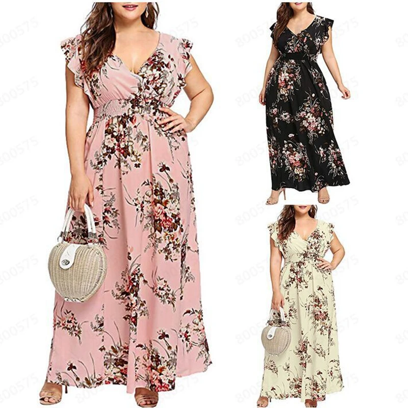 

Summer fashion large size 5XL sleeveless printed chiffon elastic waist V-neck dress long paragraph large swing