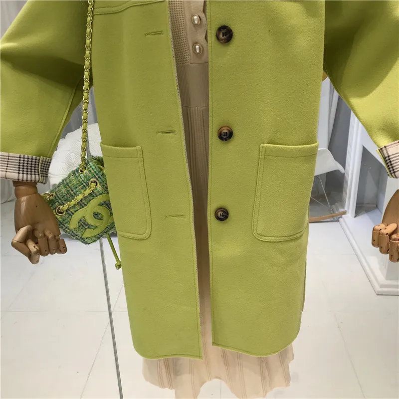 Green Abrigos Mujer Invierno Женское шерстяное пальто с карманами, длинное одноцветное однобортное пальто с широкой талией и отложным воротником