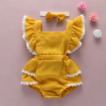 

CYSINCOS 2020 Baby Summer Clothing Newborn Girls Sleeveless Lace Clothes Jumpsuit Patchwork Ruffled Romper Headband 2PCS Outfits