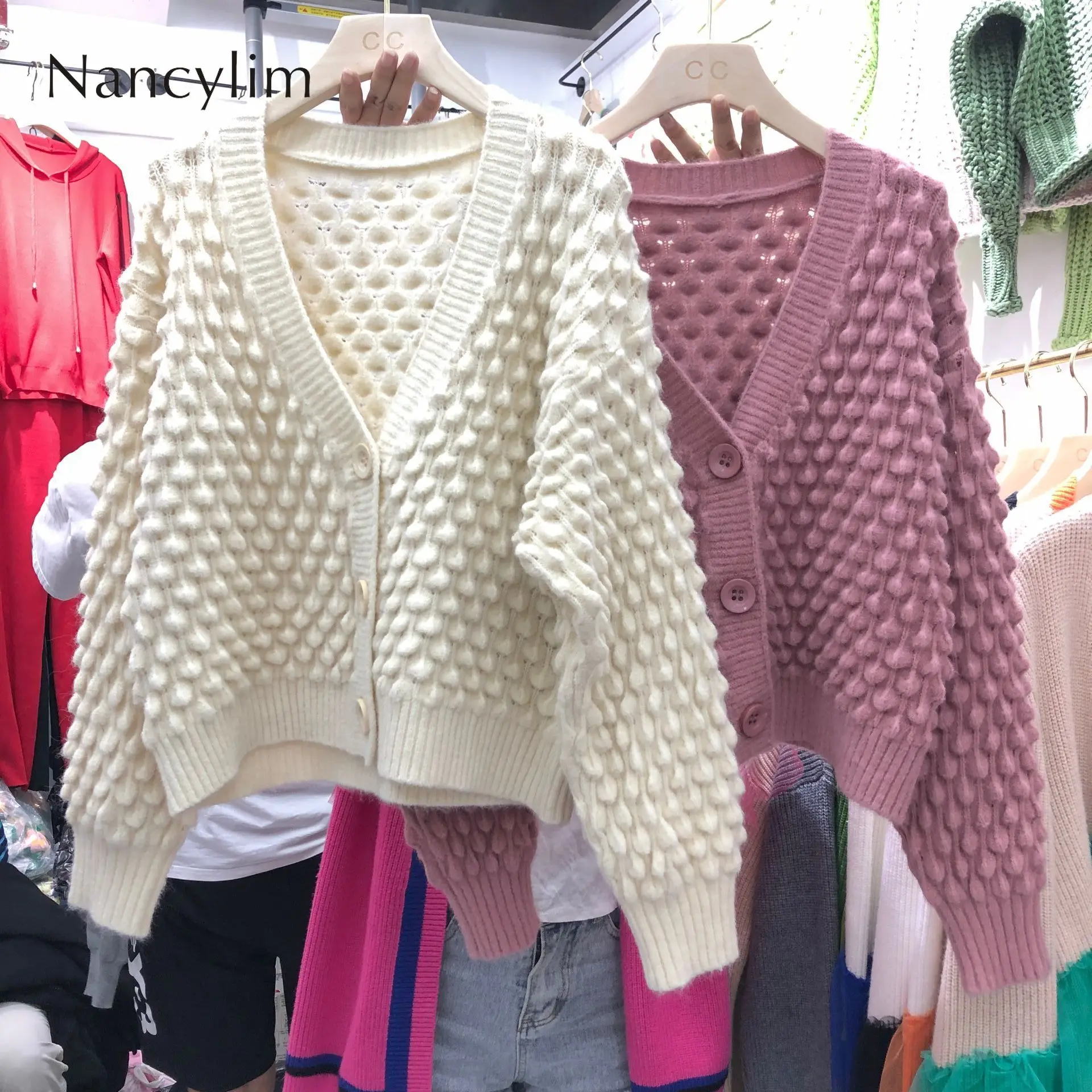 

Autumn Winter Sweater Women New Korean Loose Solid Color Sweet Short Knitted Cardigan V-collar Single-breasted Cardiagns Femme
