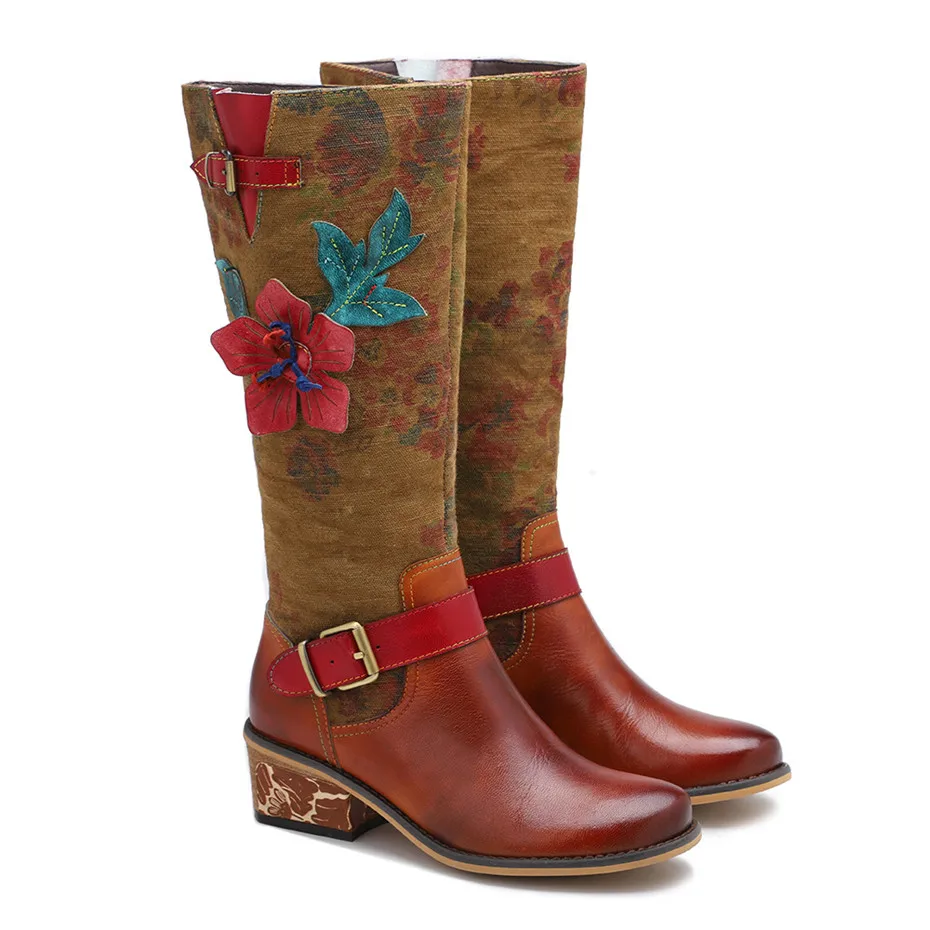2020 Autumn Winter New Women's Knee High Riding Boots Ethnic Genuine Leather High Heels Female Western Boots Footwear Handmade (10)