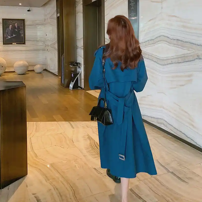 ダブルブレスト女性のトレンチコートロング膝下付きダスターコートブルー上着女性のためのウインドブレーカー トレンチ Aliexpress