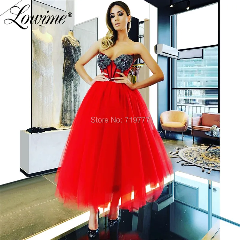

Ankle Length Red Prom Dresses Beaded A Line Evening Dress 2019 New Coming Vestidos De Gala Arabic Short Graduation Party Dresses