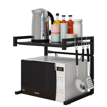 

Retractable Microwave Oven Rack Kitchen Counter Storage Organizer with 3 Hooks - Single/Double Shelf Black