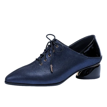 

2020 New plus size women's genuine leather lace-up low heel pumps pointed toe elegant ladies spring new mules shoes for women