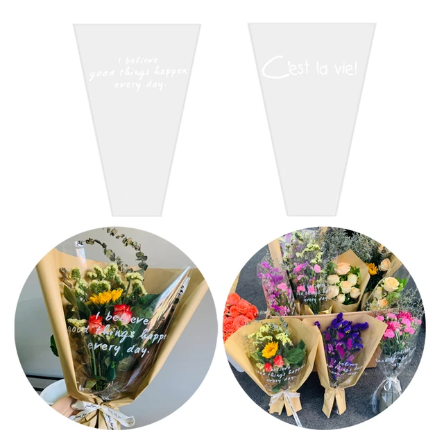 lasenersm 200 Pieces Transparent Flower Bouquet Bag Plastic Bags Flower Bouquet Sleeve Clear Cellophane Bags Rose Packaging Bags Height 15 Upper