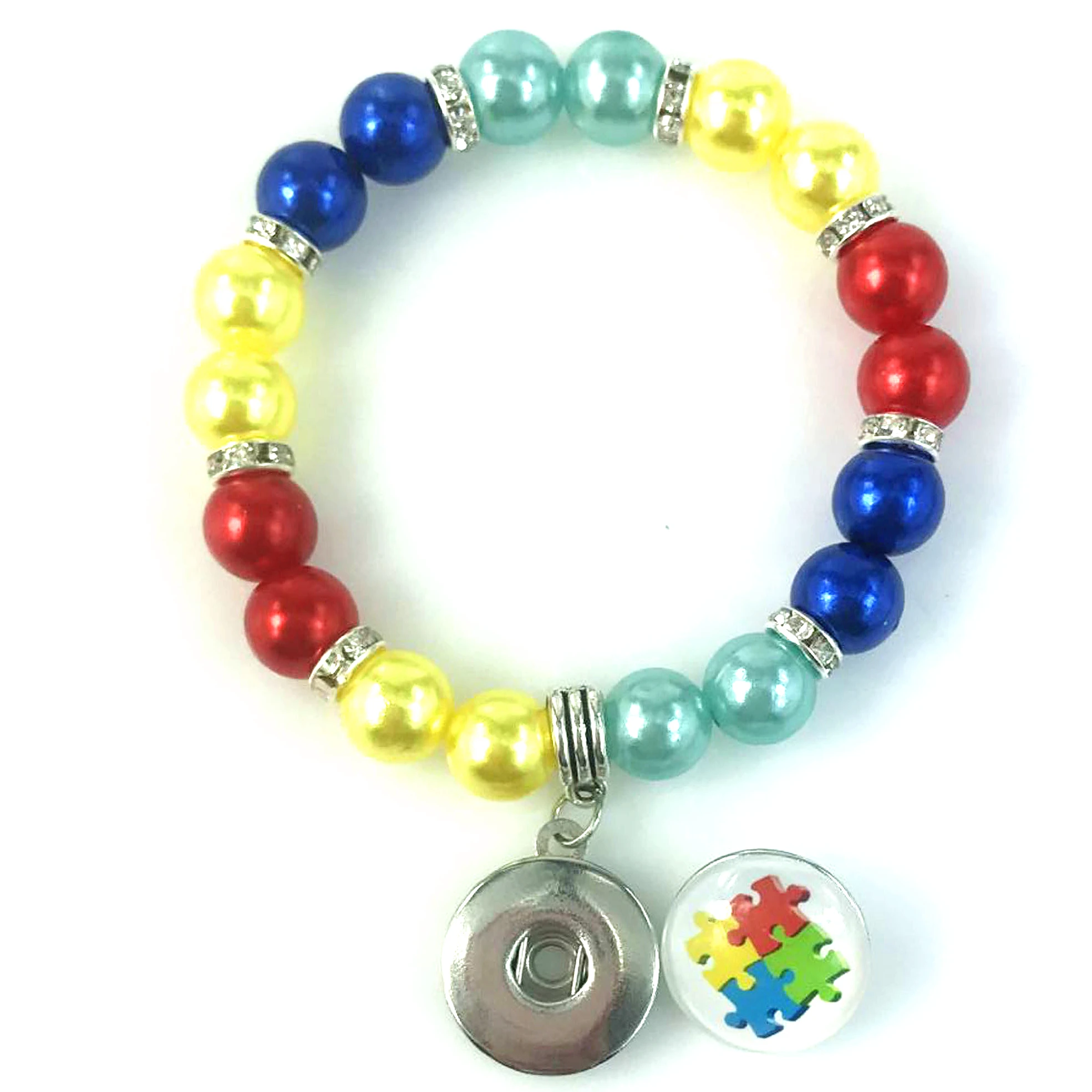 

Color Pearl Sanp Elastic Bracelet Autism Heart Awareness Jigsaw Puzzle Pieces 18mm snap button charm Bracelet for Child Gift