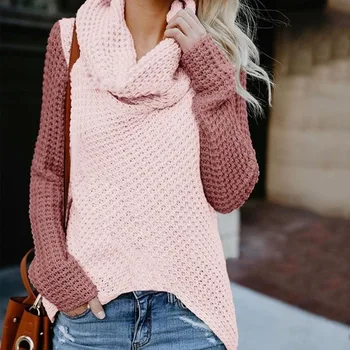 

Plus size women turtleneck sweater spring autumn knitted pullover women jumper pink color matching sweaters female tops CDR906