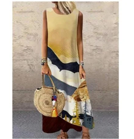 Sundress For Women Print Summer Dress  Linen Loose Sleeveless Style printed Long Maxi Length 1