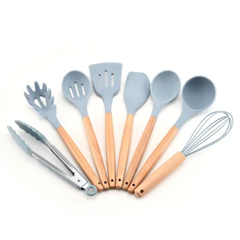 

Wooden Handle Silicone Kitchen Utensils Set of 8 Household Cooking Shovel Non-stick Spatula Tools Cooking Gadgets