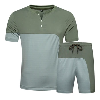 

2020 New Causal Trousers T-Shirt Short Two Piece Sets Men Button V-neck Short Sleeve T Shirt Cropped Top+Shorts Mens Tracksuits