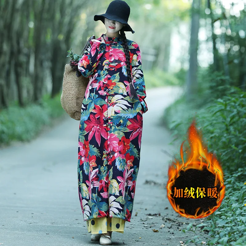 

2019 National Wind Cotton Linen Cotton-padded Clothes Winter X-long Loose-Fit Brushed And Thick Retro Frog Cotton-padded Jacket