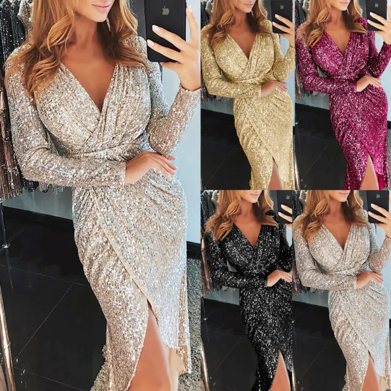2019 Party Vestito Sequined Glitter Dress Women Sexy Deep V-Neck Bodycon Slim Dress Glitter Dresses Elegant Ladies Mini Dress
