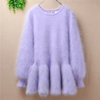 

Fashion women female sweet crop top dress long sleeves mink cashmere knitted angora rabbit fur sweater pullover coat small size