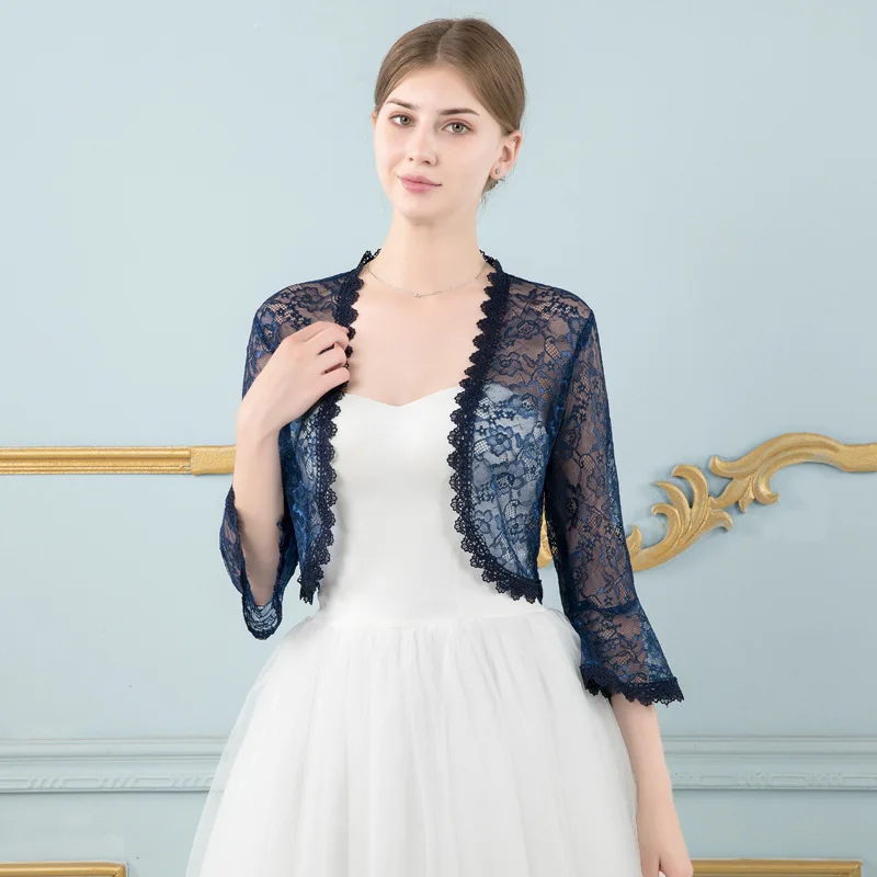 Navy Blue JaneVini новые элегантные летние свадебные белые куртки свадебные 3/4 рукава болеро шали кружевные короткие обертывания Болеро для женщин аксессуары - Цвет: Navy Blue